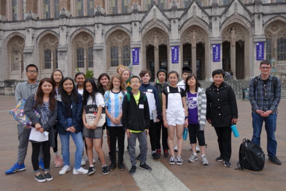 middle school students in front of Suzzallo library