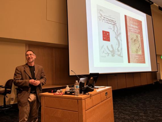 Professor Zev Handel delivers the 2024 Washin Kai spring lecture to an audience of more than 200 on April 3. 